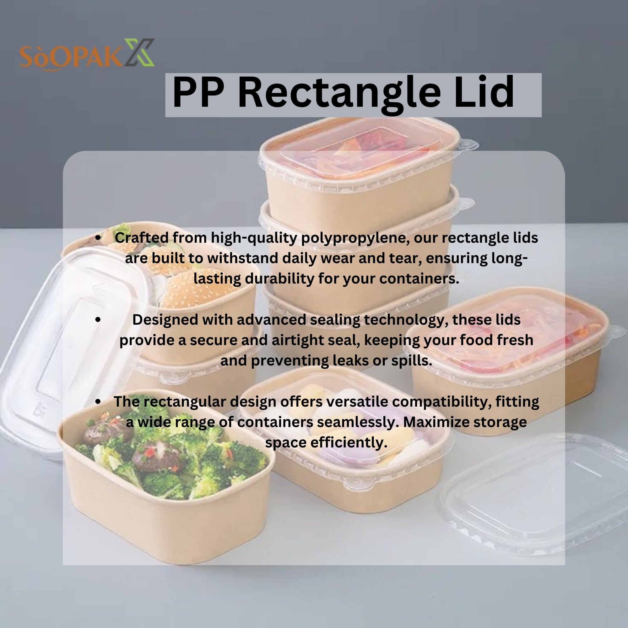 PP Rectangle Lid, avoid leaks, durable, warming, biodegradable, paper flat lids, freshness, takeout, Packaging, easy visibility, food safe, avoid leaks, high-quality, dinnerware, recyclable lids, Ecosmart, sustainable, coffee, tea